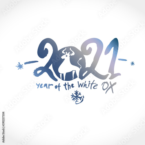 Year of the white metal Ox in Chinese calendar. Vector element for New Year's design in flat style. Illustration of 2021 year of the Ox.