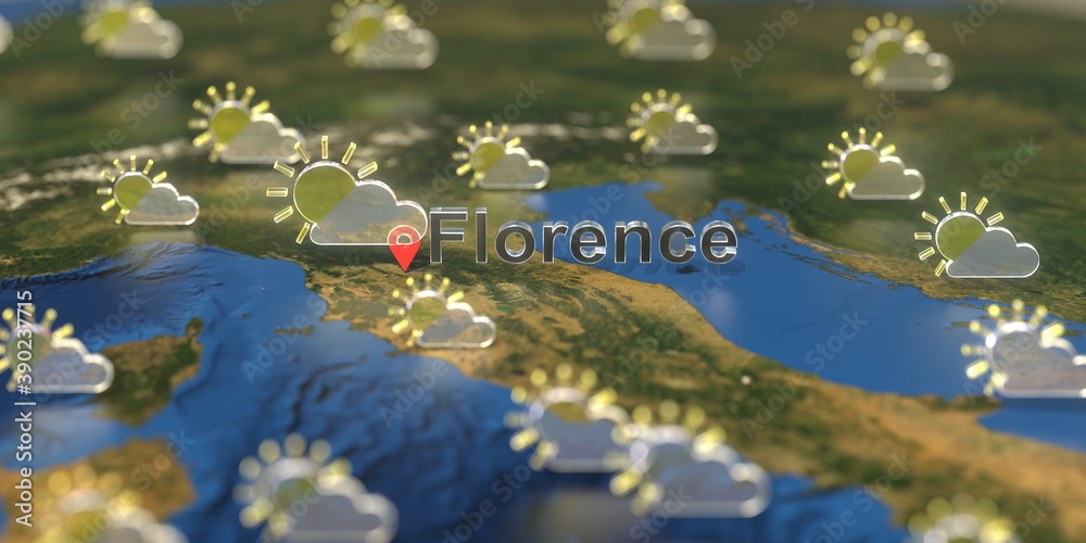 Partly cloudy weather icons near Florence city on the map, weather forecast related 3D rendering Partly cloudy weather icons near Florence city on the map, weather forecast related 3D rendering