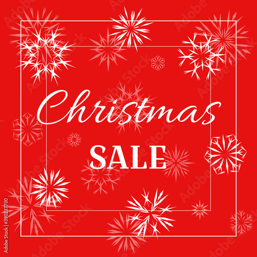 Christmas sale. Festive poster template with snowflakes on red background. Vector illustration