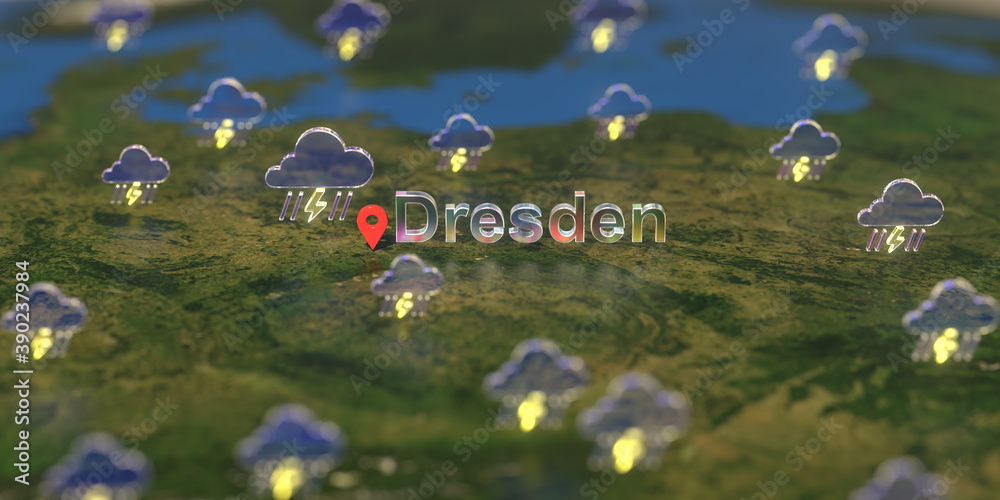 Dresden city and stormy weather icon on the map, weather forecast related 3D rendering Dresden city and stormy weather icon on the map, weather forecast related 3D rendering