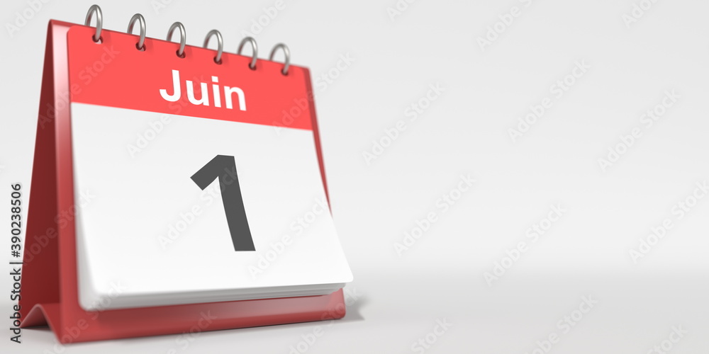 June 1 date written in French on the flip calendar page, 3d rendering June 1 date written in French on the flip calendar page, 3d rendering