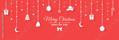 White Christmas figurines hang on a rope. Red background. Christmas banner in flat style. Vector illustration