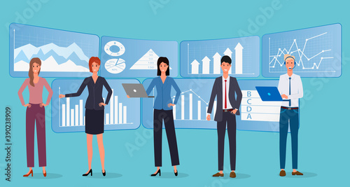 Business people engaged in the study of infographics.Teamwork, brainstorming, and searching for ideas.Annual account.Office work and coworking.Flat vector illustration.