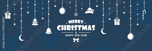 White Christmas figurines hang on a rope. Blue background. Christmas banner in flat style. Vector illustration
