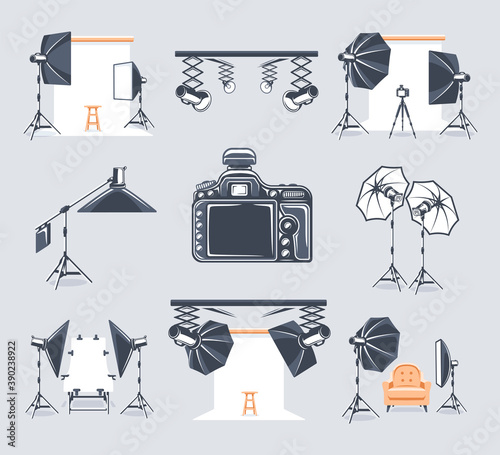 Set of elements of the photo studio. Symbols for photo studio design logos and emblems. Flat design element. Cartoon stile. Vector illustration