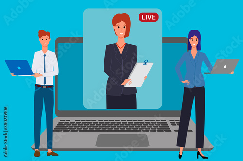 People hold a meeting using a video conference.Freelance remote work using new technologies.It can be used for web design.Flat vector illustration.