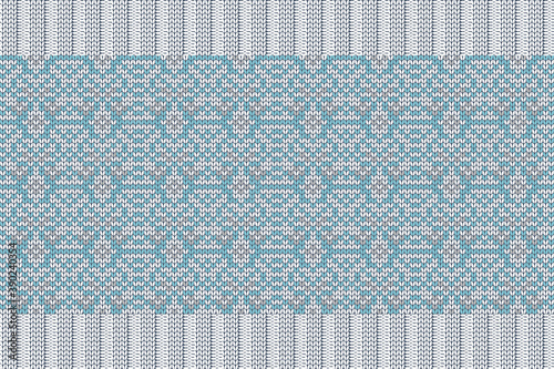 Christmas and Winter holiday knitting pattern for plaid, sweater design. Vector seamless pattern in turquoise, grey colors with elastic band. Plain and ribbed knitting.