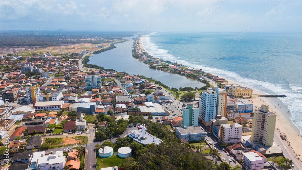 Barra Velha SC. Aerial view of the city, Barra Velha lagoon and Península beach, in Santa Catarina, Brazil
