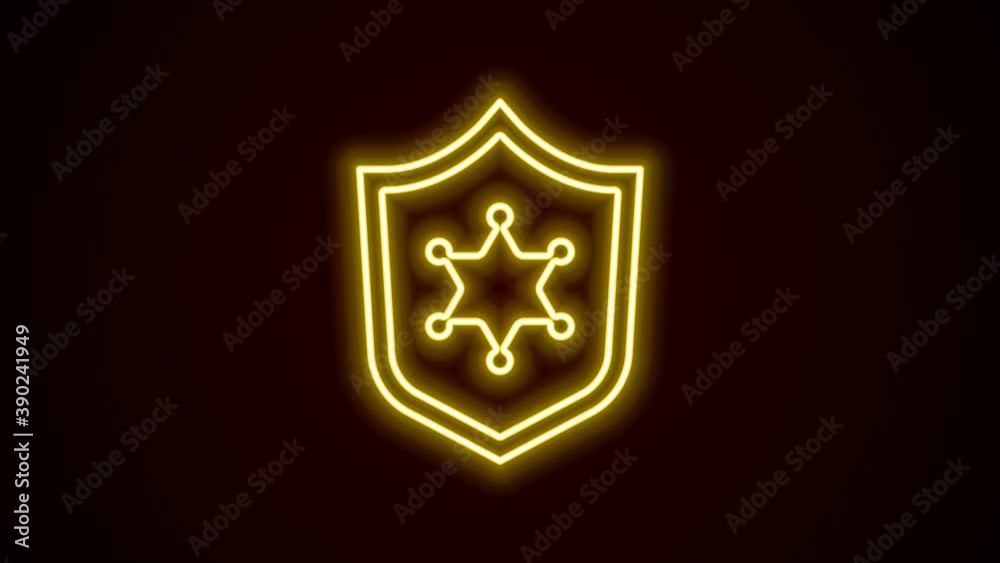 Glowing neon line Police badge icon isolated on black background. Sheriff badge sign. 4K Video motion graphic animation Glowing neon line Police badge icon isolated on black background. Sheriff badge sign. 4K Video motion graphic animation