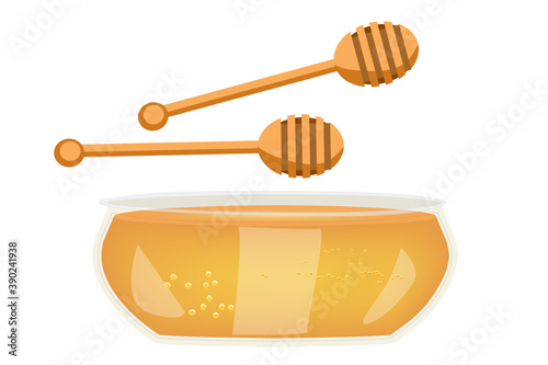 Set of honey. Honey dipper and bowl isolated on white background. Glass cans jar full of honey. Wooden stick dipper. Traditional sweet dessert for Rosh Hashanah, Jewish New Year. Vector illustration