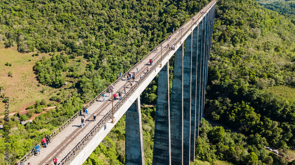 Viaduto 13 - Ferrovia do Trigo. Aerial view of the highest railway overpass in Brazil, in Rio Grande do Sul