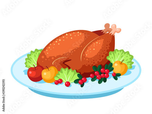Roasted turkey for a festive dinner. Thanksgiving and christmas traditional dish. Isolated on white background.