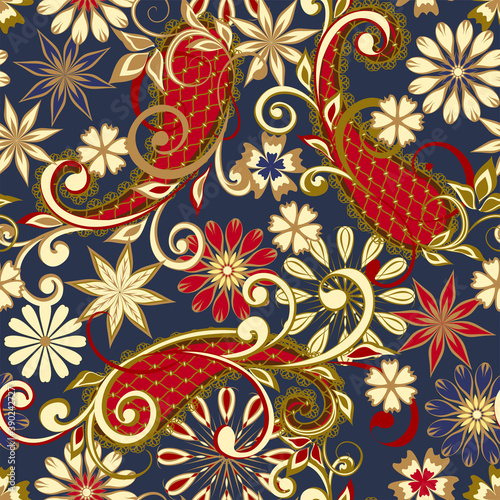 Abstract vintage pattern with decorative flowers, leaves and Paisley pattern in Oriental style.