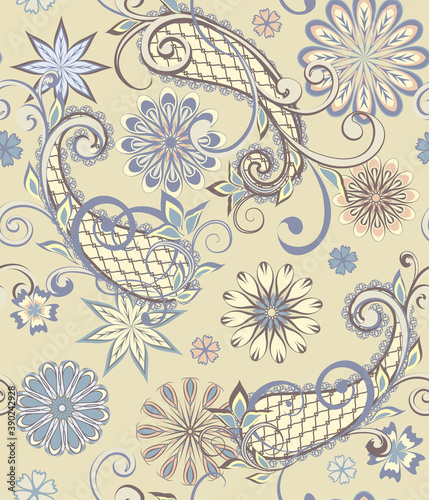 Abstract vintage pattern with decorative flowers, leaves and Paisley pattern in Oriental style.