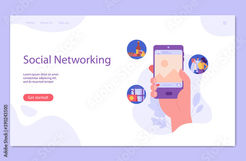 Hand holds phone and sharing stories with life moments in social network. Successful blogger making post. Social media influencer creating quality content. Vector illustration in flat design for web
