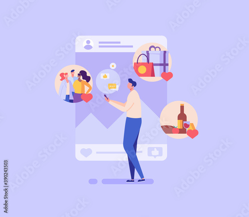 Guy sharing stories with life moments in social network. Successful blogger making post in internet. Social media influencer creating quality content. Vector illustration in flat design for web, app
