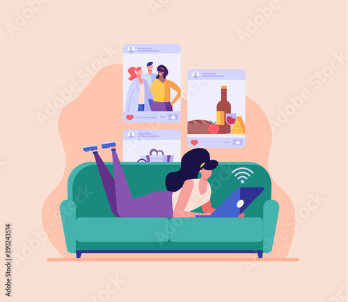 Girl sharing stories with life moments in social network. Successful blogger making post in internet. Social media influencer creating quality content. Vector illustration in flat design for web, app
