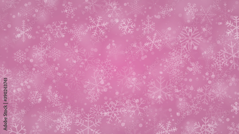 Christmas background of snowflakes of different shapes, sizes and transparency in pink colors Christmas background of snowflakes of different shapes, sizes and transparency in pink colors