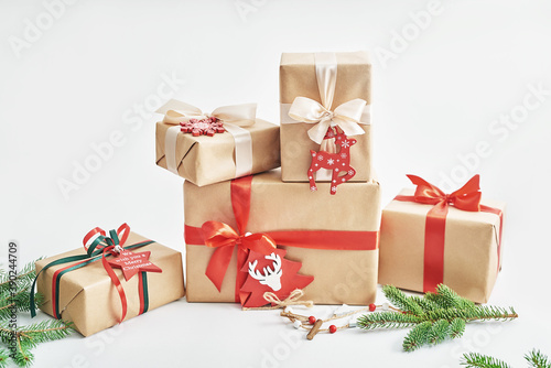 Gift boxes christmas tree background. Luxury New Year gift. Merry Christmas background with gift box. Christmastime celebration. Winter Holidays. Xmas mock up. Greeting card template.