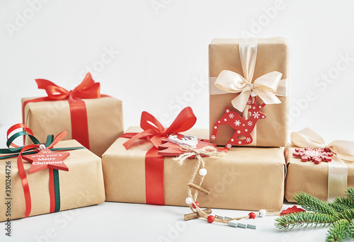 Gift boxes christmas tree background. Luxury New Year gift. Merry Christmas background with gift box. Christmastime celebration. Winter Holidays. Xmas mock up. Greeting card template.