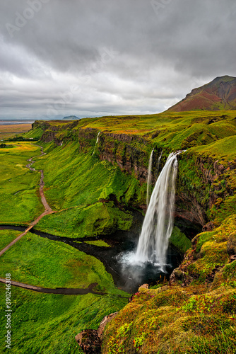 Seljalandsfoss waterfall in a cloudy day, Iceland