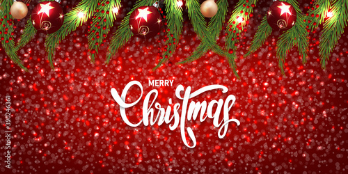 Christmas and New Year holiday background. Realistic Tree Branches and lights Xmas design  handwriting christmas font 