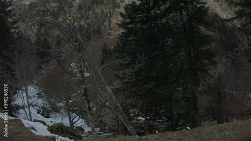 Car driving on the winding road to Bridge of Spain (Route du Pont d'Espagne), Cauterets in the Haute-Pyrénées department, France. photo