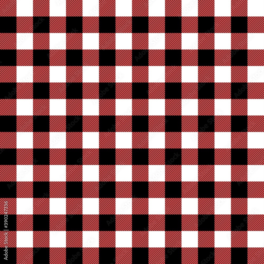 Plaid seamless pattern in red, white and black. Tartan plaid for dress, skirt, flannel shirt, autumn, winter fabrics, background. Buffalo check gingham style. Vector flat illustration. Plaid seamless pattern in red, white and black. Tartan plaid for dress, skirt, flannel shirt, autumn, winter fabrics, background. Buffalo check gingham style. Vector flat illustration.
