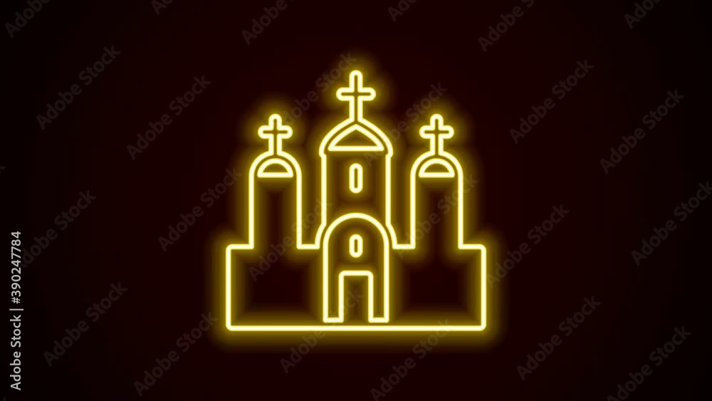 Glowing neon line Church building icon isolated on black background. Christian Church. Religion of church. 4K Video motion graphic animation Glowing neon line Church building icon isolated on black background. Christian Church. Religion of church. 4K Video motion graphic animation