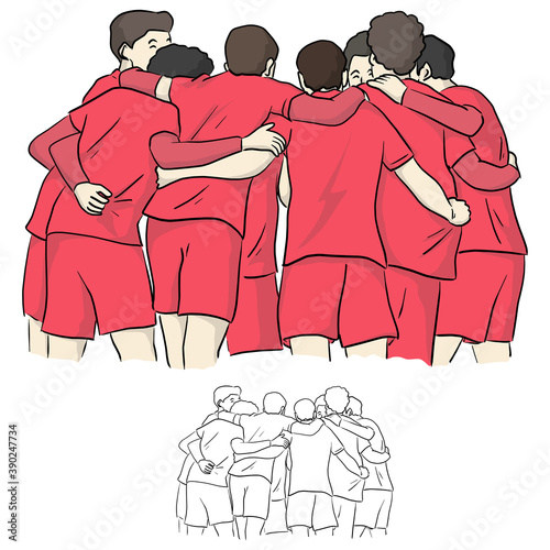 soccer players hugging while celebrate goal in a match vector illustration sketch doodle hand drawn with black lines isolated on white background
