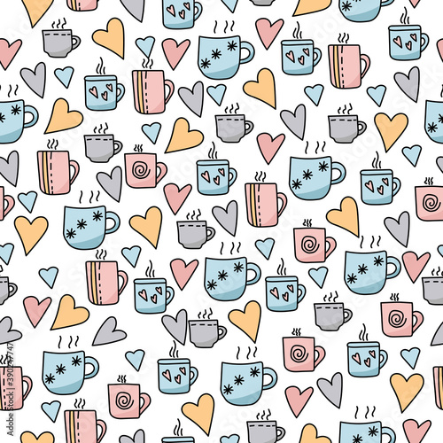 Seamless pattern with doodle cups of pink, blue and gray colors and multi-colored hearts with strokes on a white background, cozy christmas cute set of dishes