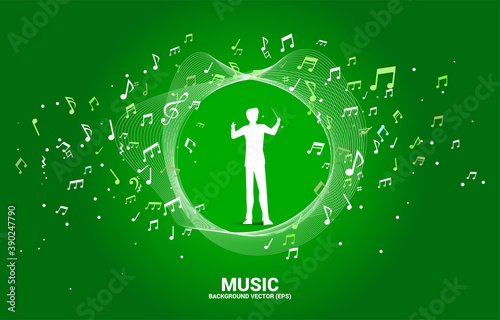 Vector silhouette of conductor standing with music melody note dancing flow . Concept background for classic music concert and recreation.