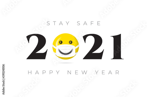 2021 Numerals Logo with Halftone Style Smiling Face Protected with Mask and Stay Safe Lettering Happy New Year Greeting Concept - Yellow on Black and White Background - Mixed Graphic Design
