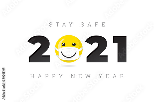 2021 Numerals Logo with Mask Protected Smiling Face Having Wide Smile and Stay Safe Lettering Happy New Year Greeting Concept - Yellow on Black and White Background - Mixed Graphic Design