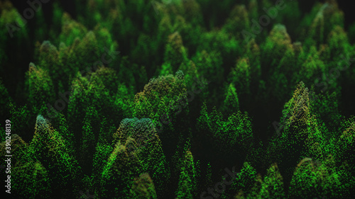 Abstract green point wave. Moss loft design. Trees on a dark background .Autumn forest from above. 3d illustration