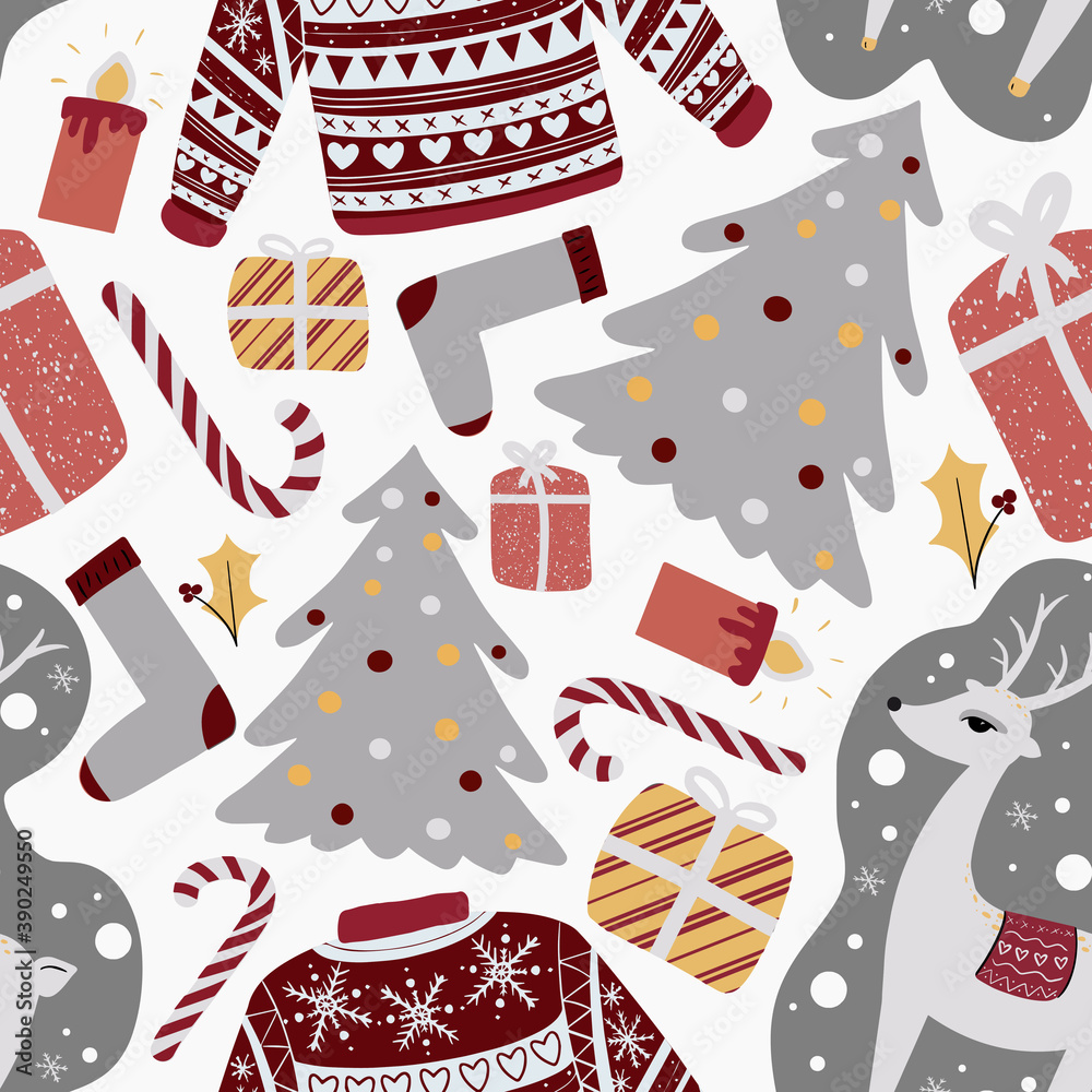 Obraz premium Scandinavian hygge styled Christmas pattern. Cozy vector christmas illustration in Scandinavian style. Can be used as background, wrapping paper, wallpaper, fabric, etc.