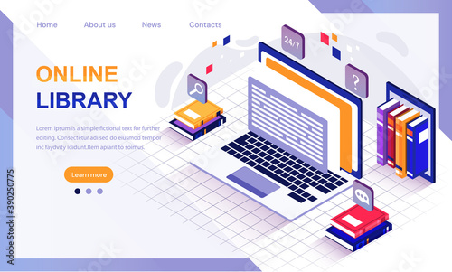 Concept of digital online library. Laptop computer with e-books. Media library isometric vector for web, landing page. Cartoon isometric vector illustration