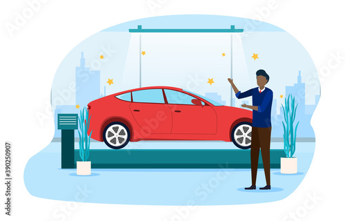 Salesman showing new model of car in car showroom. Presentation of new car. Dealership. Cartoon flat vector illustration