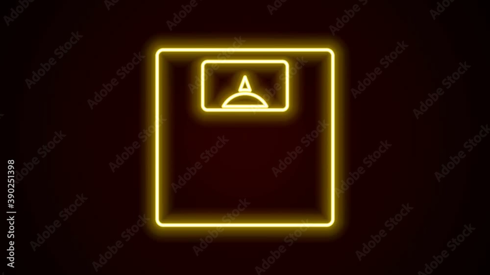 Glowing neon line Bathroom scales icon isolated on black background. Weight measure Equipment. Weight Scale fitness sport concept. 4K Video motion graphic animation Glowing neon line Bathroom scales icon isolated on black background. Weight measure Equipment. Weight Scale fitness sport concept. 4K Video motion graphic animation