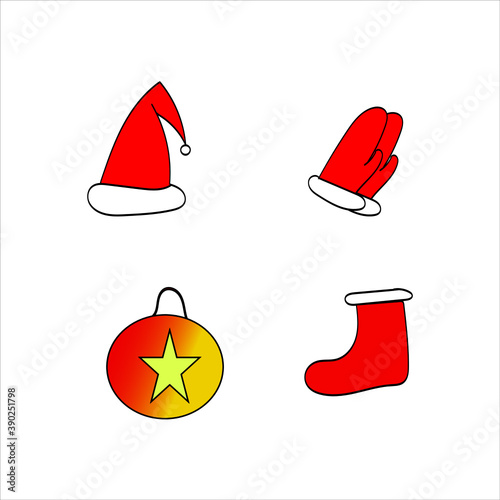 illustration of Some new year and Christmas accessories, hat, gloves, boot and tree toy with star