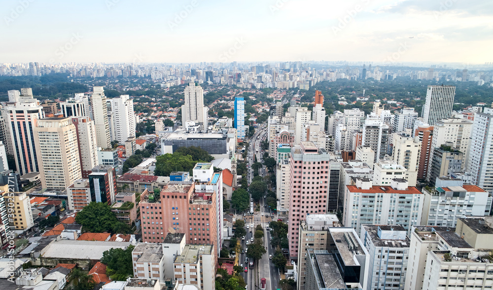 Aerial view of Nove de Julho avenue, commercial and residential buildings in the downtown in Sao Paulo city,  Brazil.