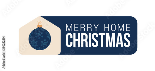Merry Home Christmas 2020 Card with Funny Vector Minimalist christmas balls. Safe Christmas concept Flat cartoon illustration staying at home badge in Quarantine. COVID-19 Reaction.