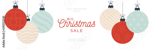 Christmas sale card. Vector illustration with hanging christmas bauble in flat cartoon style. Sale or discount banner with tree ball
