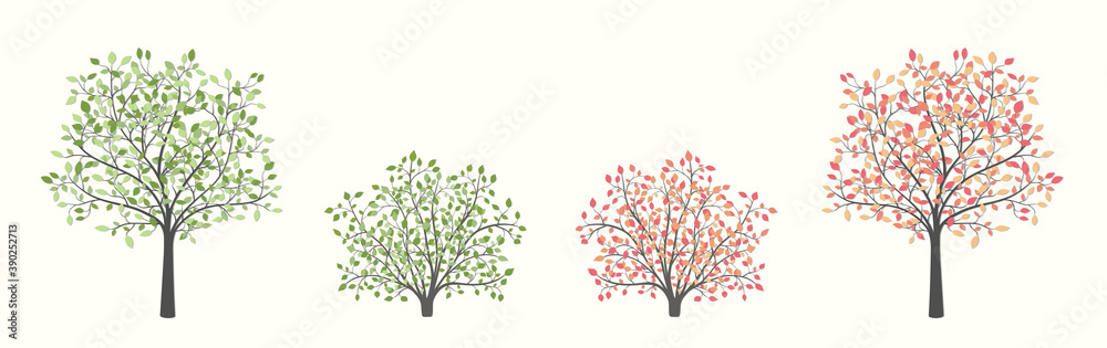 Set of trees and bushes in two versions summer and autumn Set of trees and bushes in two versions summer and autumn