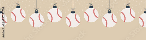 Merry Christmas baseball seamless horizontal pattern. Hang on a thread flat cartoon baseball ball as a Christmas ball on gold horizontal background. Sport Vector illustration.