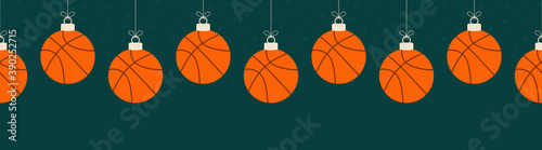 Merry Christmas basketball seamless horizontal pattern. Hang on a thread flat cartoon basketball ball as a Christmas ball on green horizontal background. Sport Vector illustration.