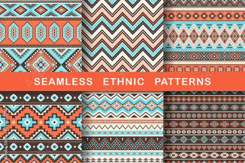 Ethnic seamless patterns. Set of aztec geometric backgrounds. Collection of stylish navajo fabric. Tribal modern abstract vector illustration.