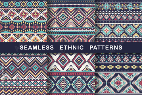 Ethnic seamless patterns. Set of aztec geometric backgrounds. Collection of stylish navajo fabric. Tribal modern abstract vector illustration.