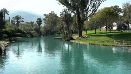 The river Amal flows through the kibbutz Nir David in the valley of Beit Shean. Israel. Nir David Country Lodge. 4K