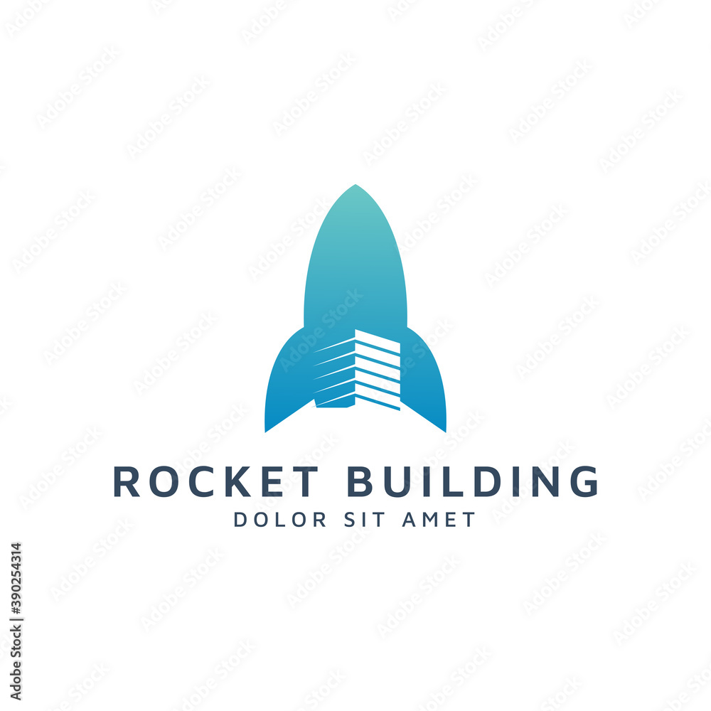 rocket and building negative space logo design